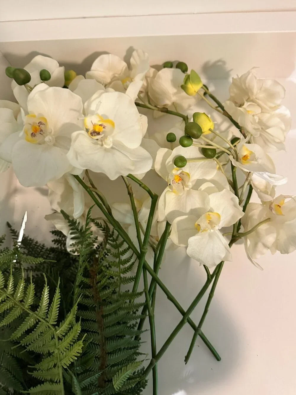 Artificial White Orchid Arrangement w/ Ferns & Bird Clip Faux Floral